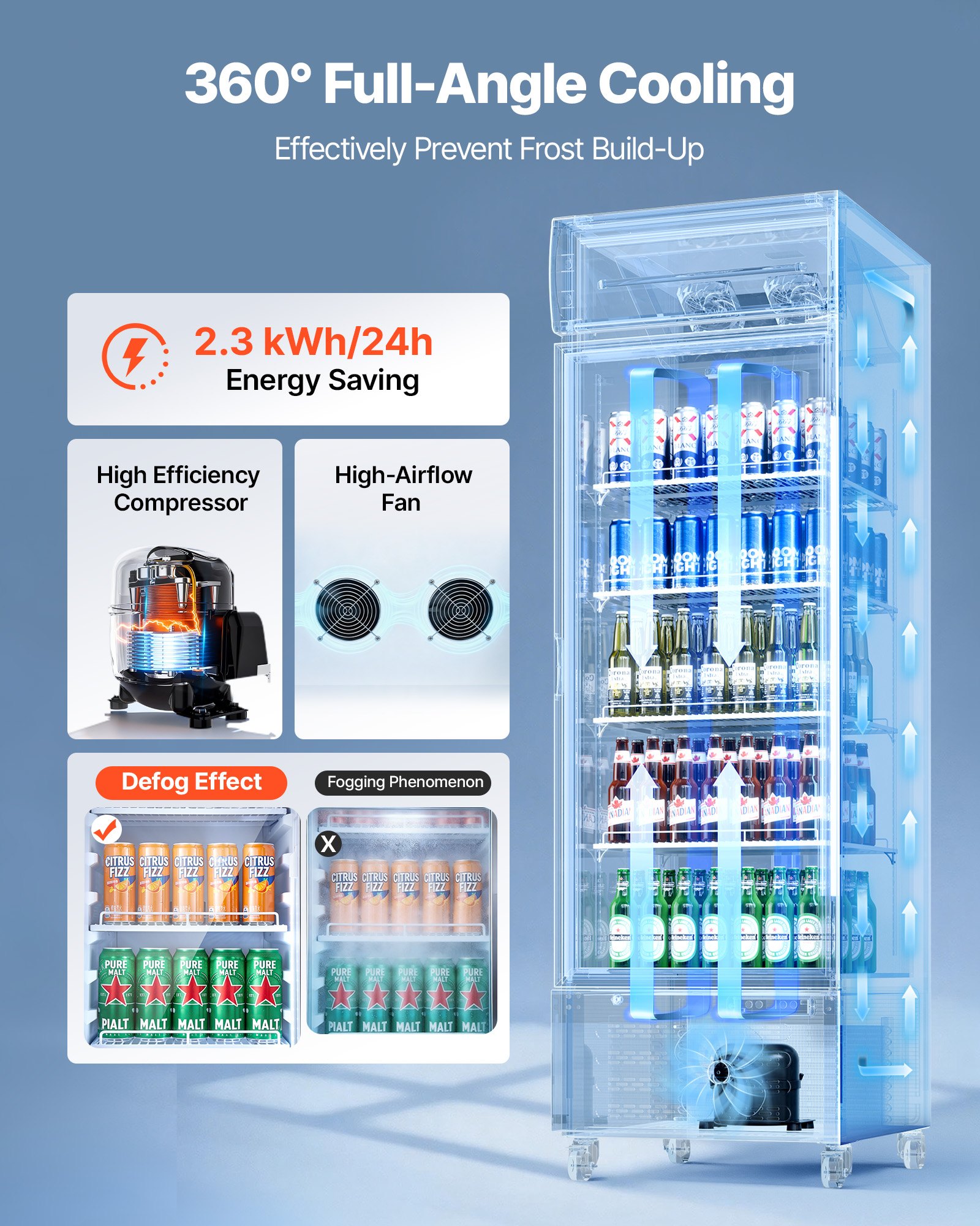 VEVOR Commercial Merchandiser Refrigerator, 15.9 Cu.Ft / 450 L Glass Door Display Refrigerator, Upright Beverage Cooler with Customizable Lightbox, 4 Adjustable Shelves & Soft LED Light for Home Shops