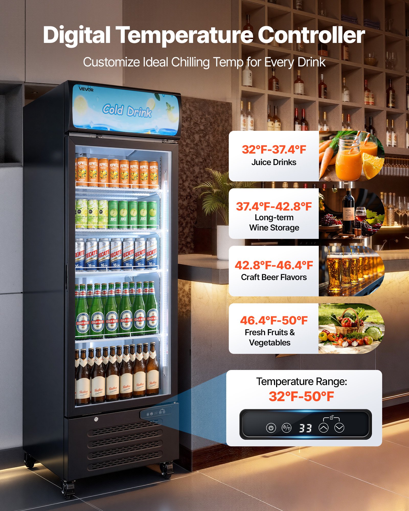 VEVOR Commercial Merchandiser Refrigerator, 15.9 Cu.Ft / 450 L Glass Door Display Refrigerator, Upright Beverage Cooler with Customizable Lightbox, 4 Adjustable Shelves & Soft LED Light for Home Shops