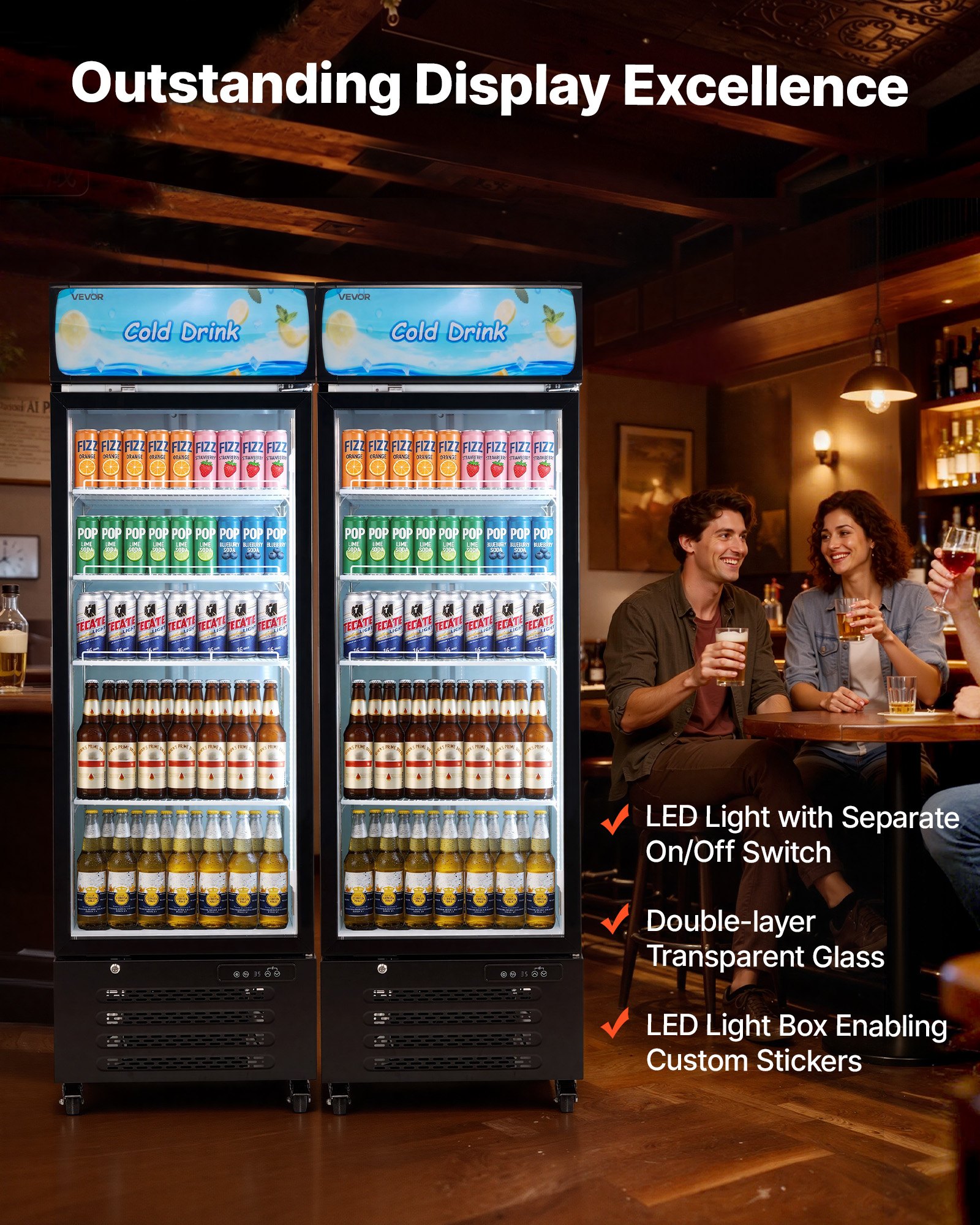 VEVOR Commercial Merchandiser Refrigerator, 15.9 Cu.Ft / 450 L Glass Door Display Refrigerator, Upright Beverage Cooler with Customizable Lightbox, 4 Adjustable Shelves & Soft LED Light for Home Shops