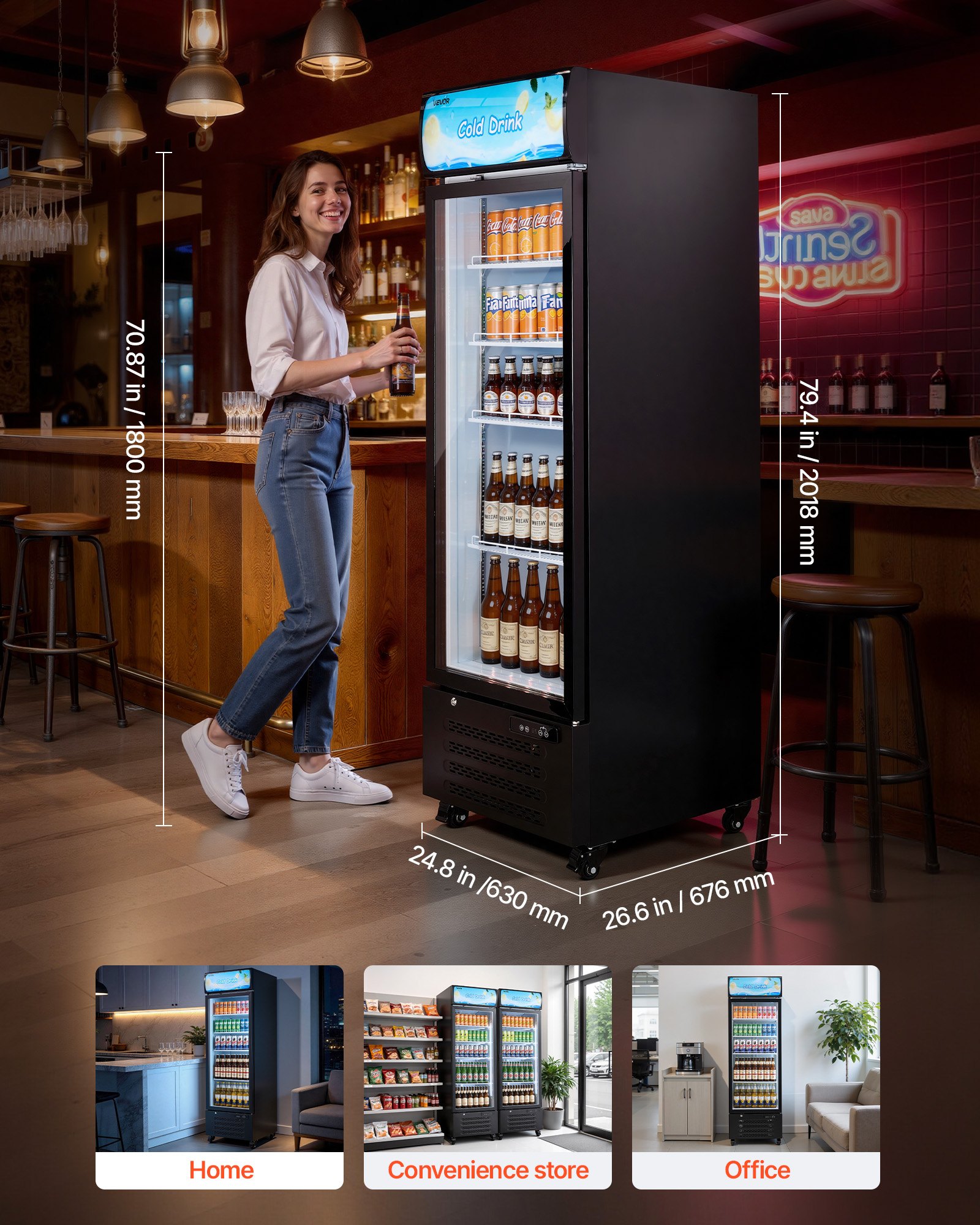VEVOR Commercial Merchandiser Refrigerator, 15.9 Cu.Ft / 450 L Glass Door Display Refrigerator, Upright Beverage Cooler with Customizable Lightbox, 4 Adjustable Shelves & Soft LED Light for Home Shops