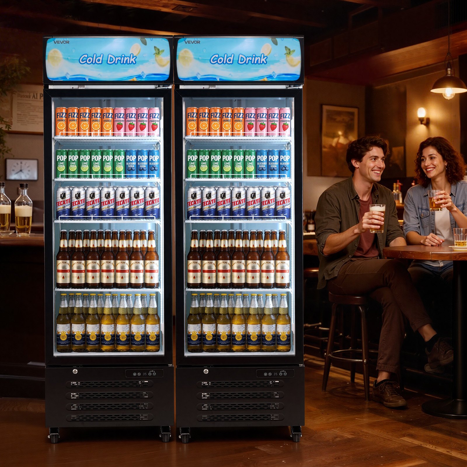 VEVOR Commercial Merchandiser Refrigerator, 15.9 Cu.Ft / 450 L Glass Door Display Refrigerator, Upright Beverage Cooler with Customizable Lightbox, 4 Adjustable Shelves & Soft LED Light for Home Shops