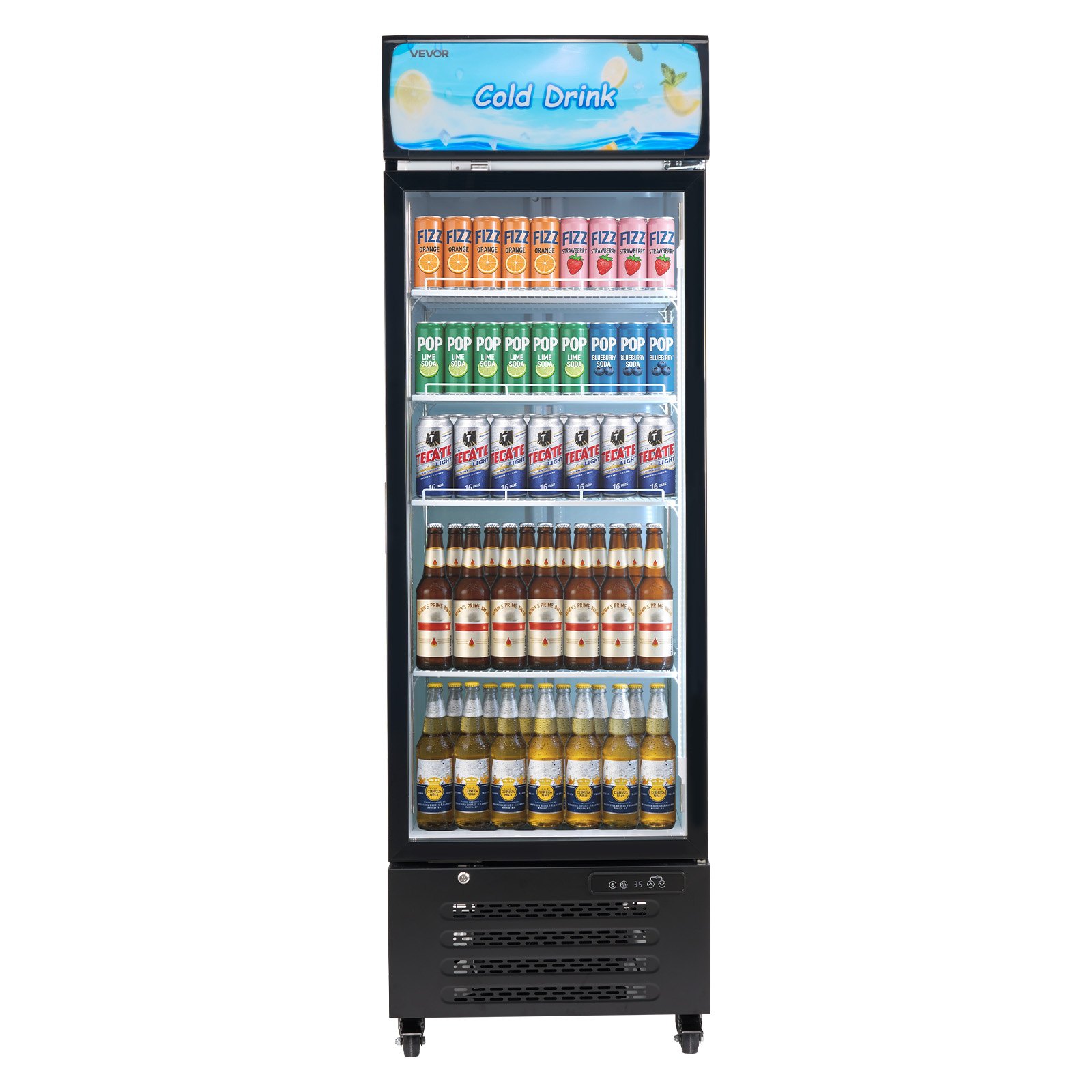 VEVOR Commercial Merchandiser Refrigerator, 15.9 Cu.Ft / 450 L Glass Door Display Refrigerator, Upright Beverage Cooler with Customizable Lightbox, 4 Adjustable Shelves & Soft LED Light for Home Shops