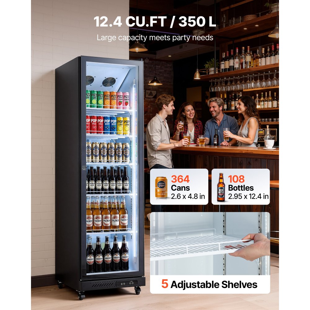 VEVOR Commercial Merchandiser Refrigerator, 12.4 Cu.Ft / 350 L Glass Door Display Refrigerator, Upright Beverage Cooler Fridge with 5 Adjustable Shelves, Soft LED Light & Casters for Homes Shops Bars