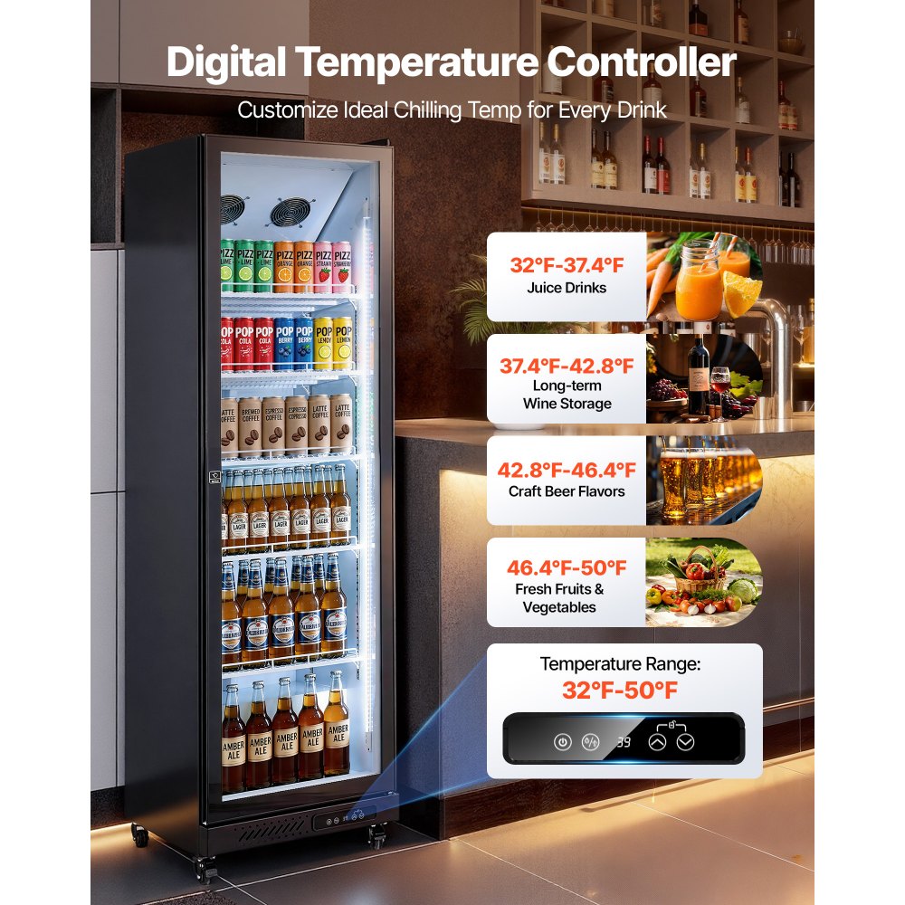 VEVOR Commercial Merchandiser Refrigerator, 12.4 Cu.Ft / 350 L Glass Door Display Refrigerator, Upright Beverage Cooler Fridge with 5 Adjustable Shelves, Soft LED Light & Casters for Homes Shops Bars
