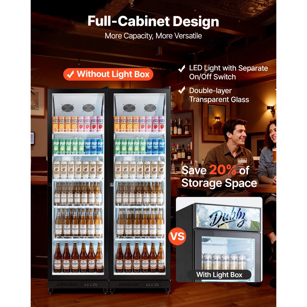 VEVOR Commercial Merchandiser Refrigerator, 12.4 Cu.Ft / 350 L Glass Door Display Refrigerator, Upright Beverage Cooler Fridge with 5 Adjustable Shelves, Soft LED Light & Casters for Homes Shops Bars