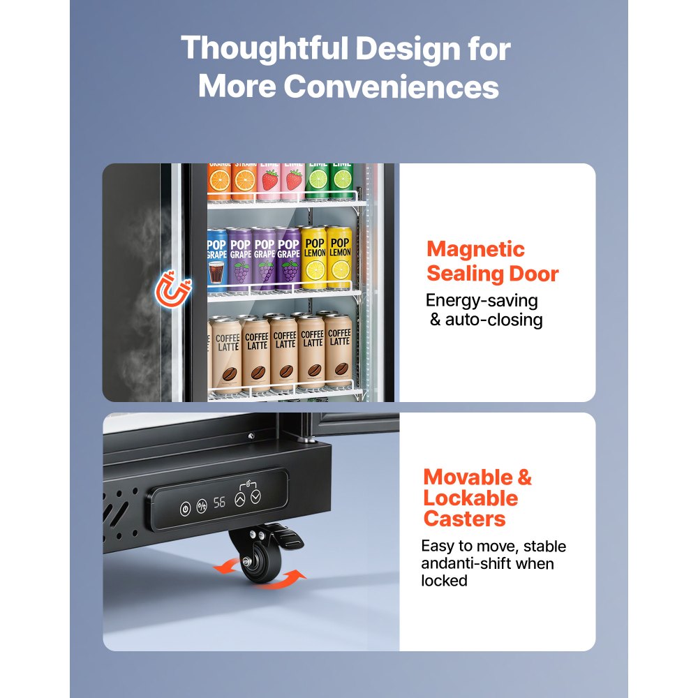 VEVOR Commercial Merchandiser Refrigerator, 12.4 Cu.Ft / 350 L Glass Door Display Refrigerator, Upright Beverage Cooler Fridge with 5 Adjustable Shelves, Soft LED Light & Casters for Homes Shops Bars