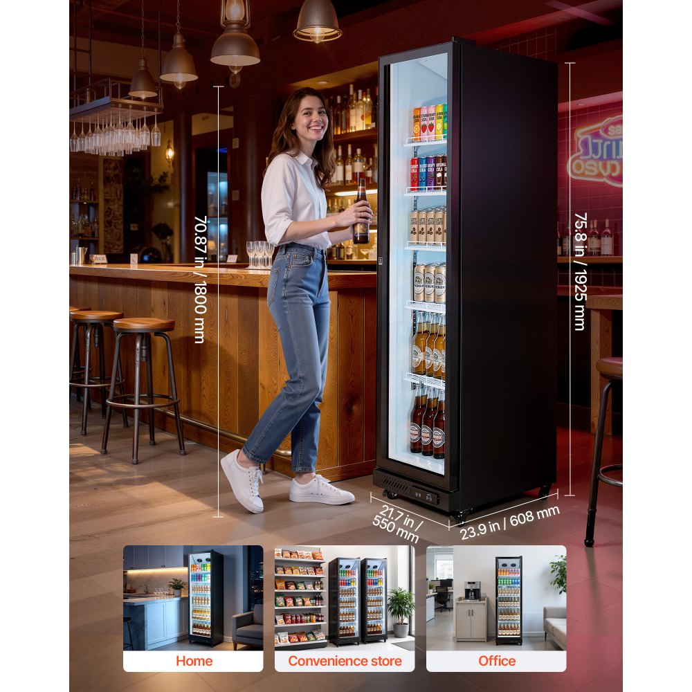 VEVOR Commercial Merchandiser Refrigerator, 12.4 Cu.Ft / 350 L Glass Door Display Refrigerator, Upright Beverage Cooler Fridge with 5 Adjustable Shelves, Soft LED Light & Casters for Homes Shops Bars