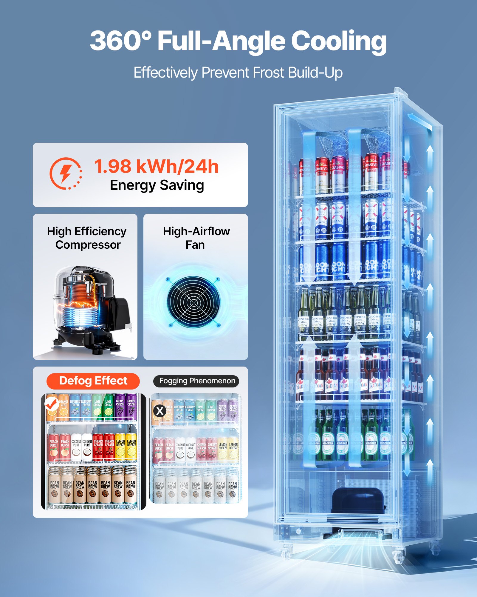 VEVOR Commercial Merchandiser Refrigerator, 12.4 Cu.Ft / 350 L Glass Door Display Refrigerator, Upright Beverage Cooler Fridge with 5 Adjustable Shelves, Soft LED Light & Casters for Homes Shops Bars