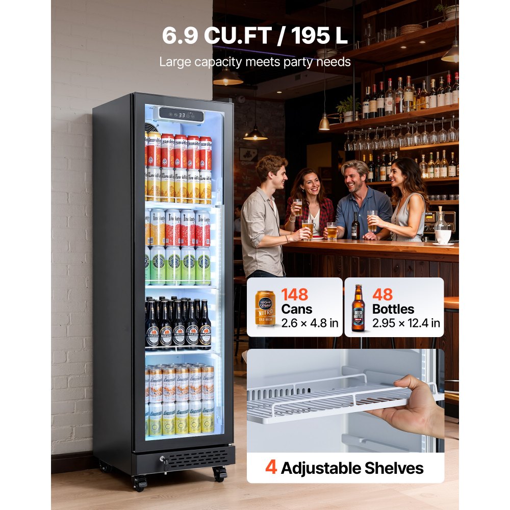 VEVOR Commercial Merchandiser Refrigerator, 6.9 Cu.Ft / 195L Glass Door Display Refrigerator, Upright Beverage Cooler Fridge with 4 Adjustable Shelves, Soft LED Light & Casters for Homes Shops Bars