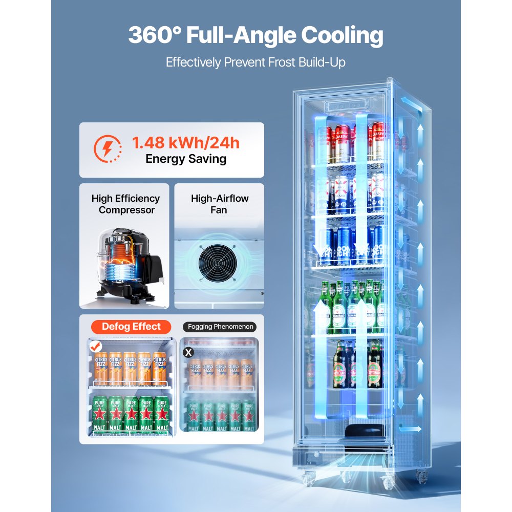 VEVOR Commercial Merchandiser Refrigerator, 6.9 Cu.Ft / 195L Glass Door Display Refrigerator, Upright Beverage Cooler Fridge with 4 Adjustable Shelves, Soft LED Light & Casters for Homes Shops Bars