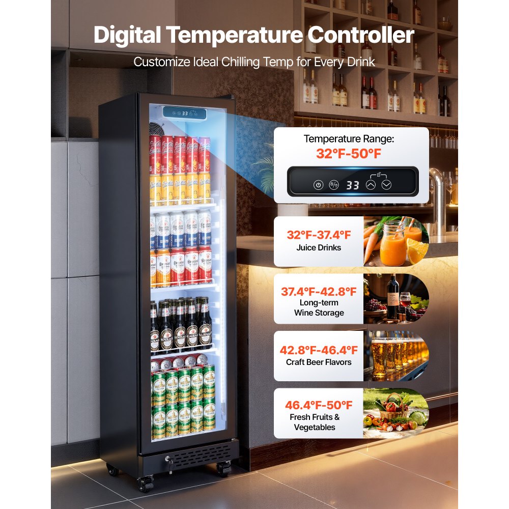VEVOR Commercial Merchandiser Refrigerator, 6.9 Cu.Ft / 195L Glass Door Display Refrigerator, Upright Beverage Cooler Fridge with 4 Adjustable Shelves, Soft LED Light & Casters for Homes Shops Bars