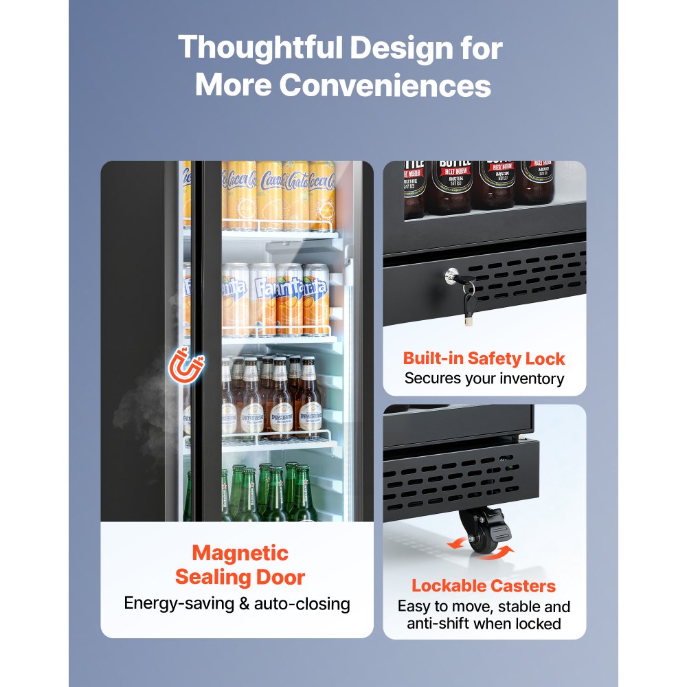 VEVOR Commercial Merchandiser Refrigerator, 6.9 Cu.Ft / 195L Glass Door Display Refrigerator, Upright Beverage Cooler Fridge with 4 Adjustable Shelves, Soft LED Light & Casters for Homes Shops Bars