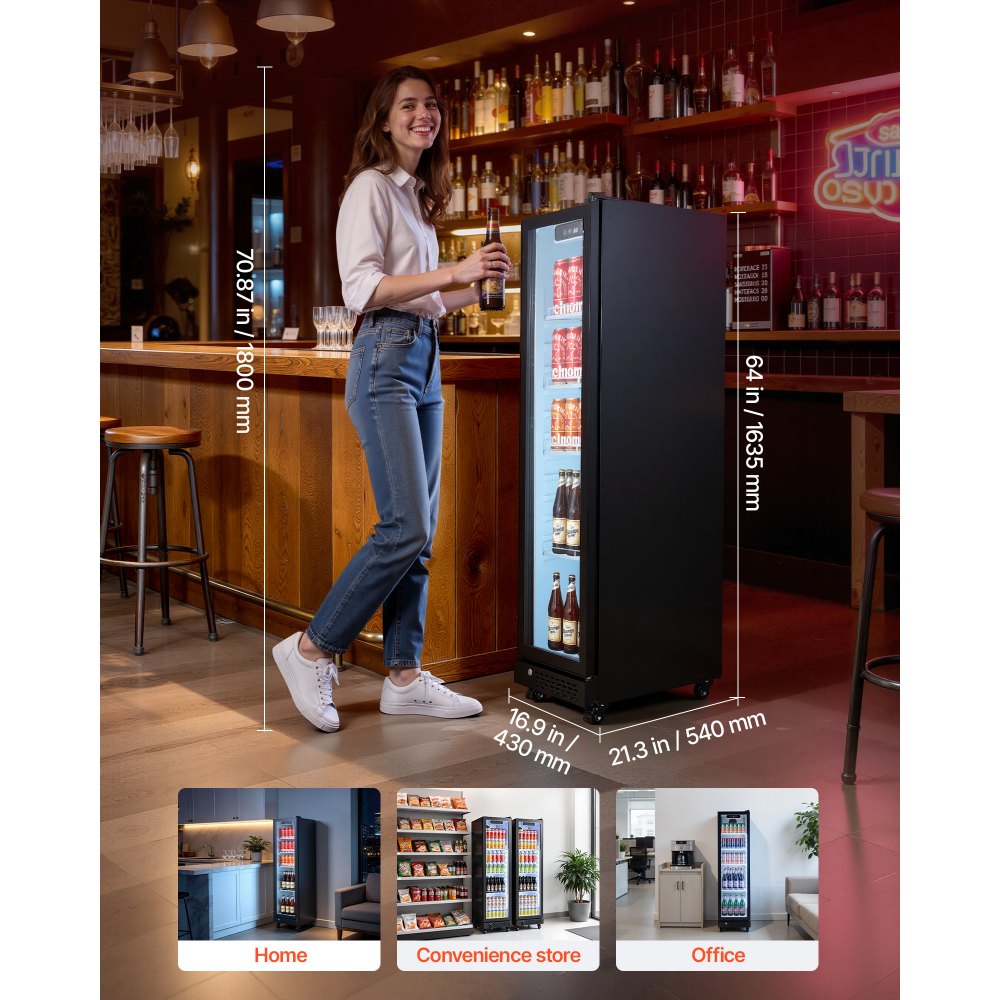 VEVOR Commercial Merchandiser Refrigerator, 6.9 Cu.Ft / 195L Glass Door Display Refrigerator, Upright Beverage Cooler Fridge with 4 Adjustable Shelves, Soft LED Light & Casters for Homes Shops Bars