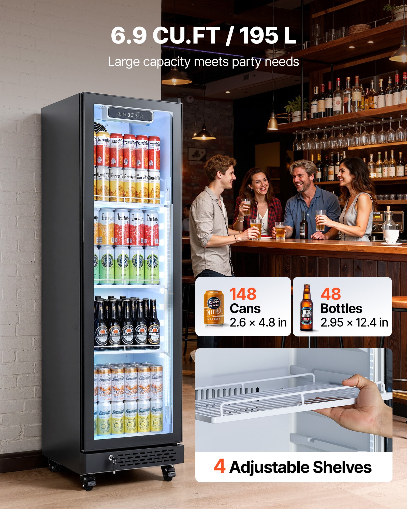 VEVOR Commercial Merchandiser Refrigerator, 6.9 Cu.Ft / 195L Glass Door Display Refrigerator, Upright Beverage Cooler Fridge with 4 Adjustable Shelves, Soft LED Light & Casters for Homes Shops Bars