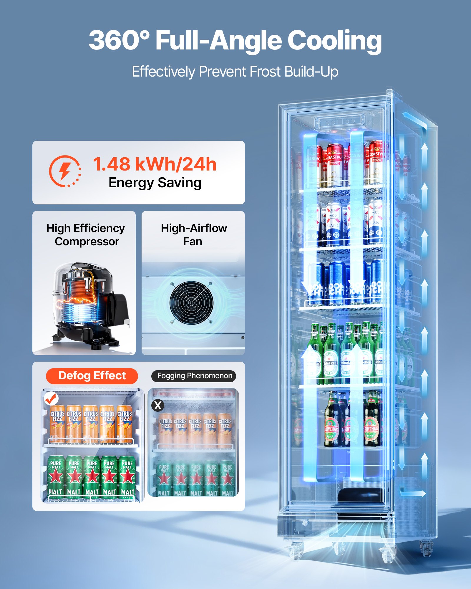 VEVOR Commercial Merchandiser Refrigerator, 6.9 Cu.Ft / 195L Glass Door Display Refrigerator, Upright Beverage Cooler Fridge with 4 Adjustable Shelves, Soft LED Light & Casters for Homes Shops Bars