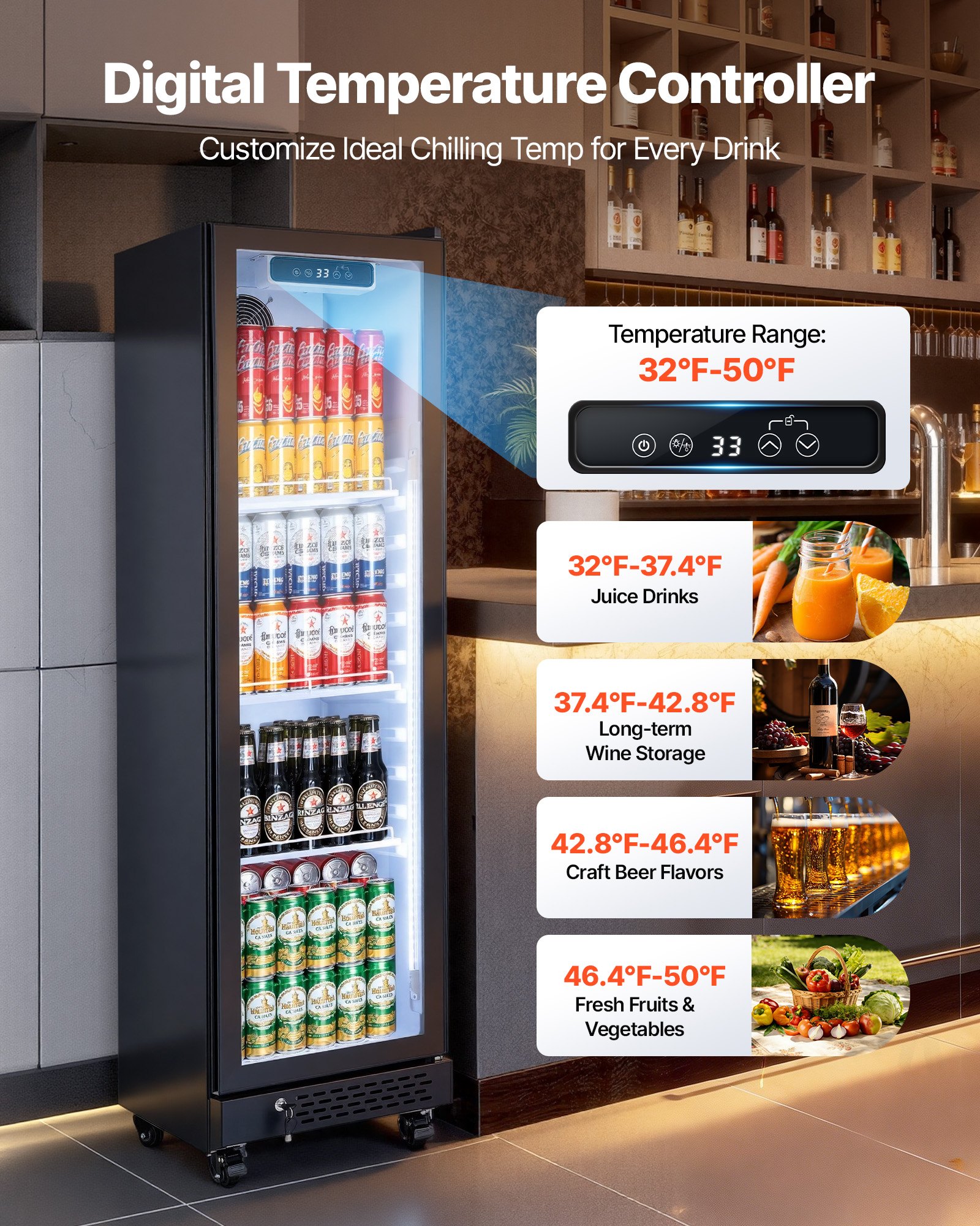 VEVOR Commercial Merchandiser Refrigerator, 6.9 Cu.Ft / 195L Glass Door Display Refrigerator, Upright Beverage Cooler Fridge with 4 Adjustable Shelves, Soft LED Light & Casters for Homes Shops Bars