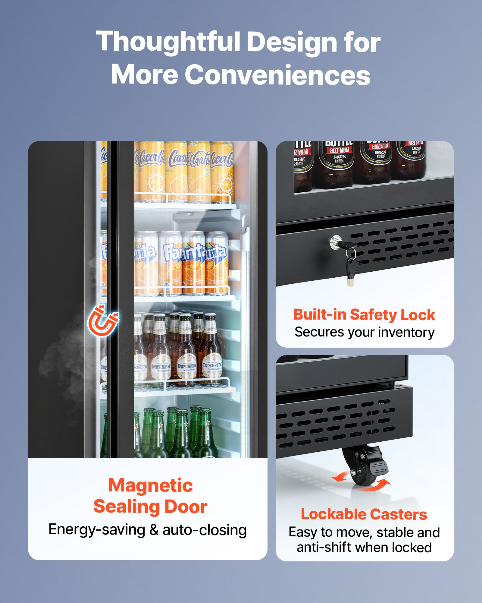 VEVOR Commercial Merchandiser Refrigerator, 6.9 Cu.Ft / 195L Glass Door Display Refrigerator, Upright Beverage Cooler Fridge with 4 Adjustable Shelves, Soft LED Light & Casters for Homes Shops Bars
