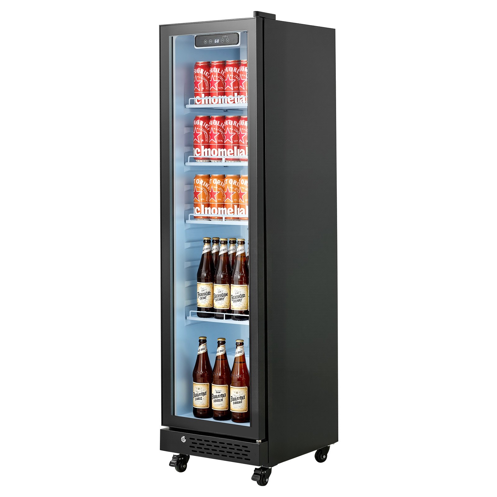 VEVOR Commercial Merchandiser Refrigerator, 6.9 Cu.Ft / 195L Glass Door Display Refrigerator, Upright Beverage Cooler Fridge with 4 Adjustable Shelves, Soft LED Light & Casters for Homes Shops Bars