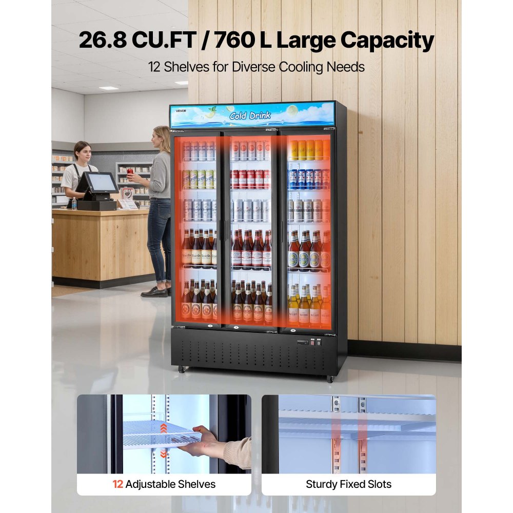 VEVOR Commercial Merchandiser Refrigerator, 26.8 Cu.Ft / 760L Upright Beverage Cooler, 3 Glass Door Display Refrigerator with Customizable Lightbox, 12 Adjustable Shelves, Soft LED Lighting & Casters