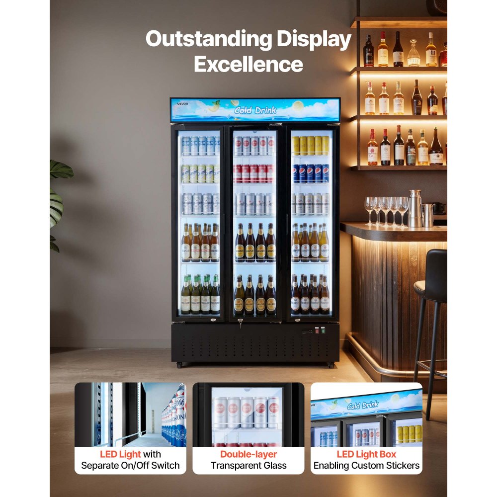 VEVOR Commercial Merchandiser Refrigerator, 26.8 Cu.Ft / 760L Upright Beverage Cooler, 3 Glass Door Display Refrigerator with Customizable Lightbox, 12 Adjustable Shelves, Soft LED Lighting & Casters