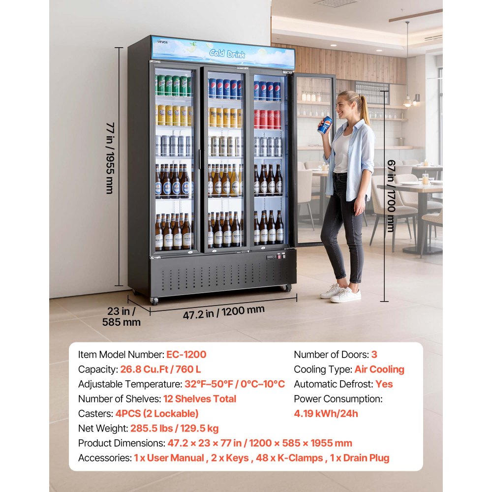 VEVOR Commercial Merchandiser Refrigerator, 26.8 Cu.Ft / 760L Upright Beverage Cooler, 3 Glass Door Display Refrigerator with Customizable Lightbox, 12 Adjustable Shelves, Soft LED Lighting & Casters