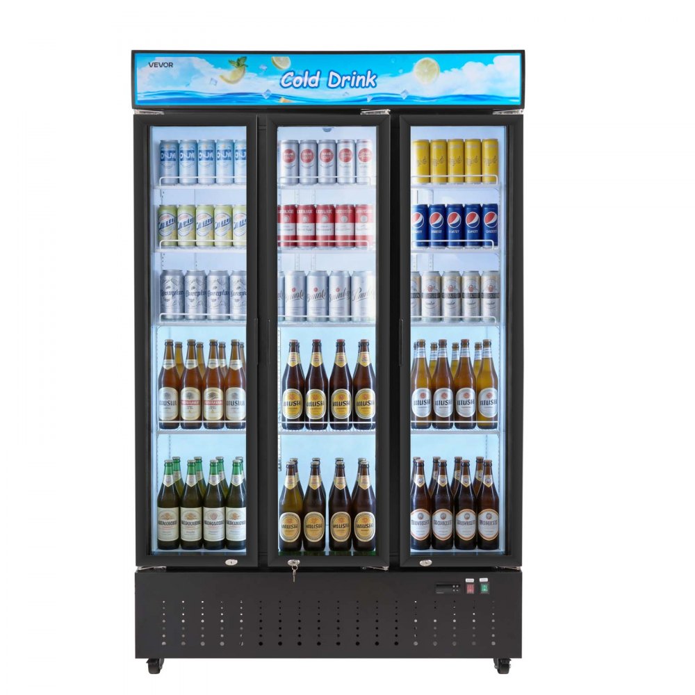 VEVOR Commercial Merchandiser Refrigerator, 26.8 Cu.Ft / 760L Upright Beverage Cooler, 3 Glass Door Display Refrigerator with Customizable Lightbox, 12 Adjustable Shelves, Soft LED Lighting & Casters