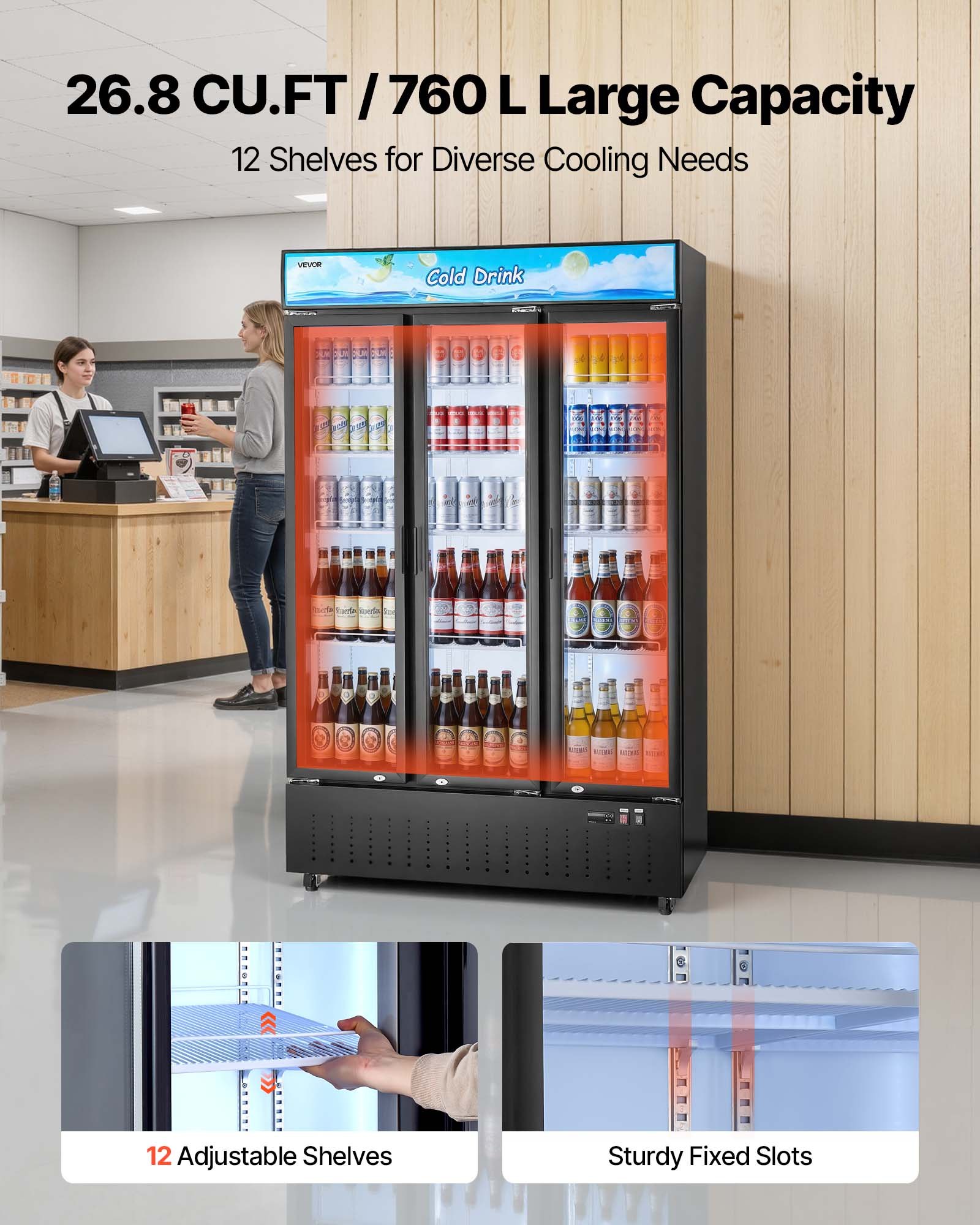 VEVOR Commercial Merchandiser Refrigerator, 26.8 Cu.Ft / 760L Upright Beverage Cooler, 3 Glass Door Display Refrigerator with Customizable Lightbox, 12 Adjustable Shelves, Soft LED Lighting & Casters