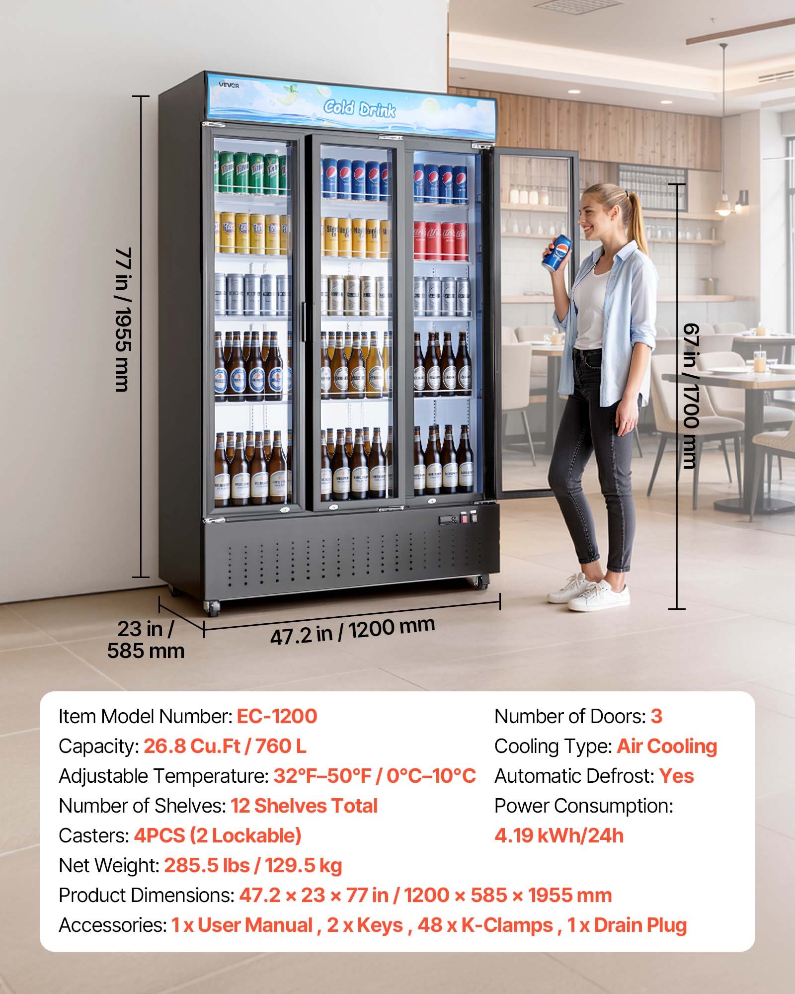 VEVOR Commercial Merchandiser Refrigerator, 26.8 Cu.Ft / 760L Upright Beverage Cooler, 3 Glass Door Display Refrigerator with Customizable Lightbox, 12 Adjustable Shelves, Soft LED Lighting & Casters