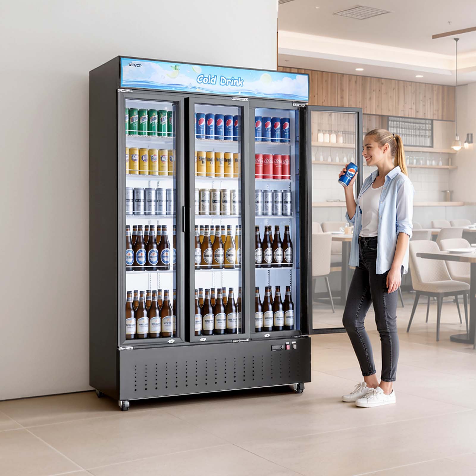 VEVOR Commercial Merchandiser Refrigerator, 26.8 Cu.Ft / 760L Upright Beverage Cooler, 3 Glass Door Display Refrigerator with Customizable Lightbox, 12 Adjustable Shelves, Soft LED Lighting & Casters