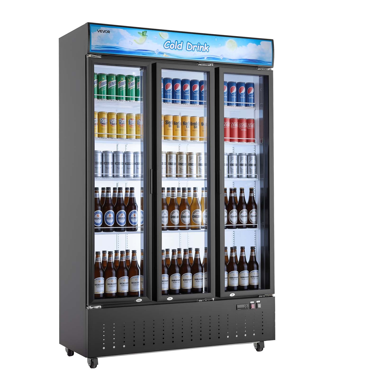 VEVOR Commercial Merchandiser Refrigerator, 26.8 Cu.Ft / 760L Upright Beverage Cooler, 3 Glass Door Display Refrigerator with Customizable Lightbox, 12 Adjustable Shelves, Soft LED Lighting & Casters