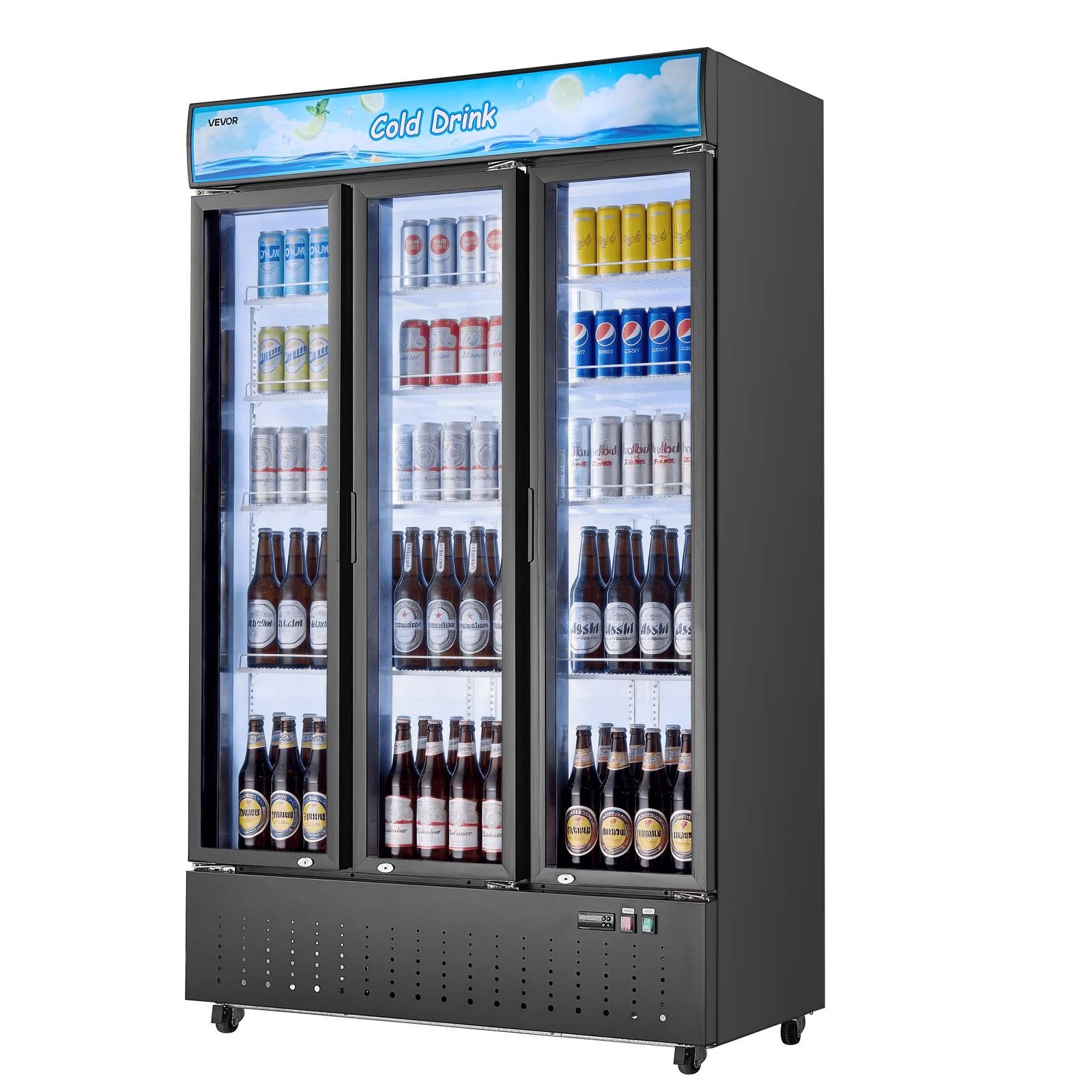 VEVOR Commercial Merchandiser Refrigerator, 26.8 Cu.Ft / 760L Upright Beverage Cooler, 3 Glass Door Display Refrigerator with Customizable Lightbox, 12 Adjustable Shelves, Soft LED Lighting & Casters