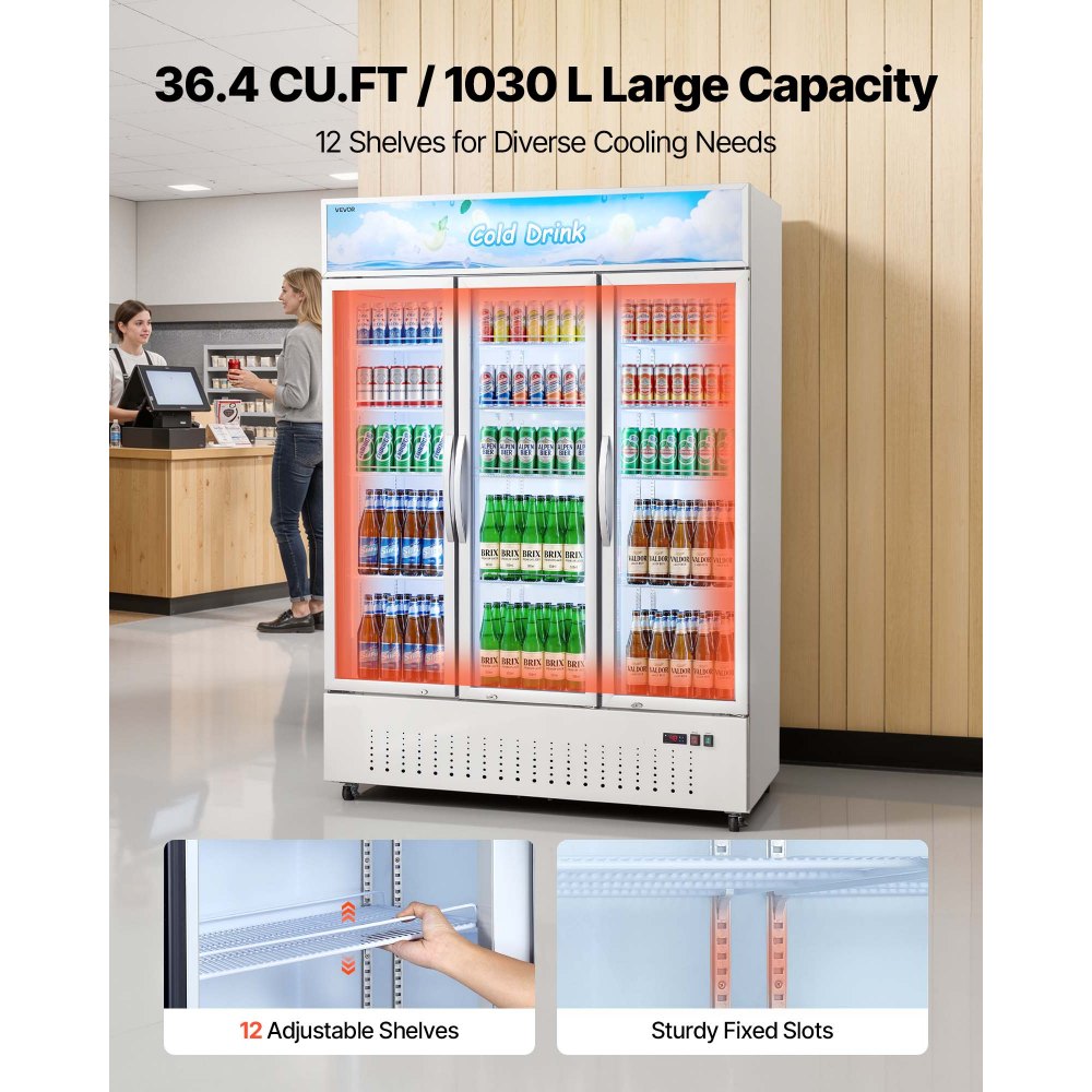 VEVOR Commercial Merchandiser Refrigerator, 36.4 Cu.Ft / 1030L Upright Beverage Cooler, 3 Glass Door Display Refrigerator with Customizable Lightbox, 12 Adjustable Shelves, Soft LED Lighting & Casters
