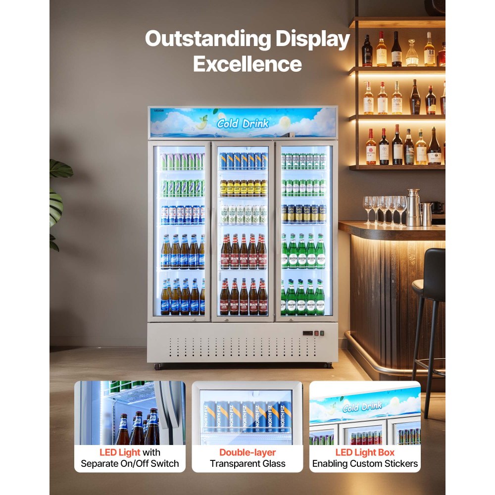 VEVOR Commercial Merchandiser Refrigerator, 36.4 Cu.Ft / 1030L Upright Beverage Cooler, 3 Glass Door Display Refrigerator with Customizable Lightbox, 12 Adjustable Shelves, Soft LED Lighting & Casters