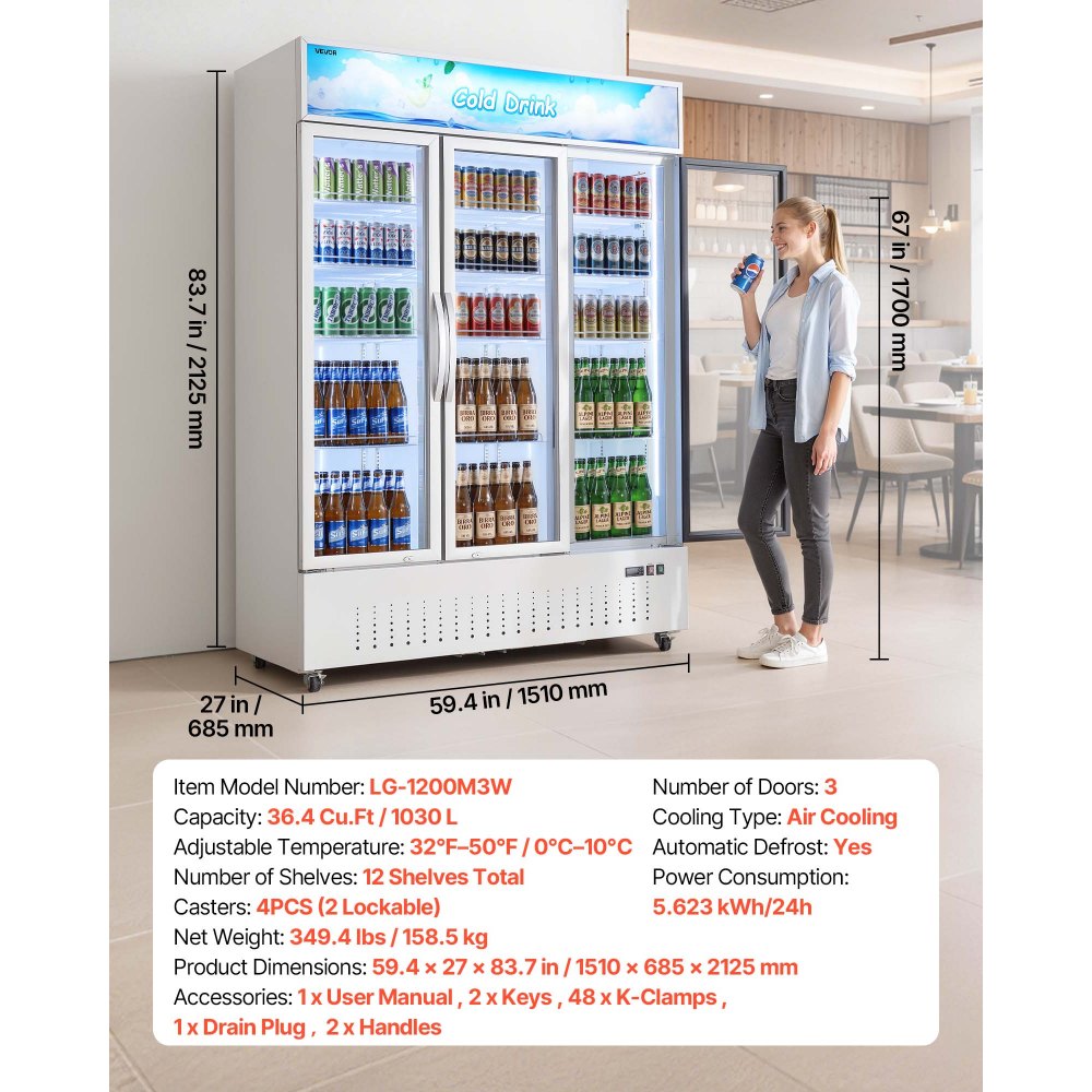 VEVOR Commercial Merchandiser Refrigerator, 36.4 Cu.Ft / 1030L Upright Beverage Cooler, 3 Glass Door Display Refrigerator with Customizable Lightbox, 12 Adjustable Shelves, Soft LED Lighting & Casters