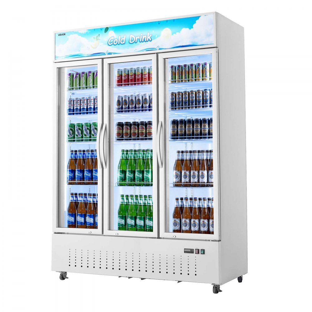 VEVOR Commercial Merchandiser Refrigerator, 36.4 Cu.Ft / 1030L Upright Beverage Cooler, 3 Glass Door Display Refrigerator with Customizable Lightbox, 12 Adjustable Shelves, Soft LED Lighting & Casters