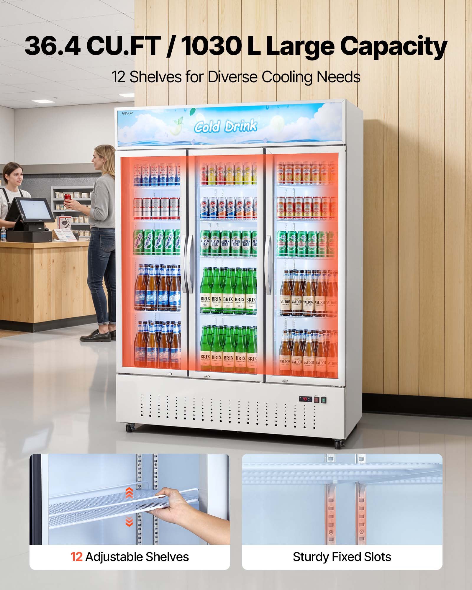 VEVOR Commercial Merchandiser Refrigerator, 36.4 Cu.Ft / 1030L Upright Beverage Cooler, 3 Glass Door Display Refrigerator with Customizable Lightbox, 12 Adjustable Shelves, Soft LED Lighting & Casters