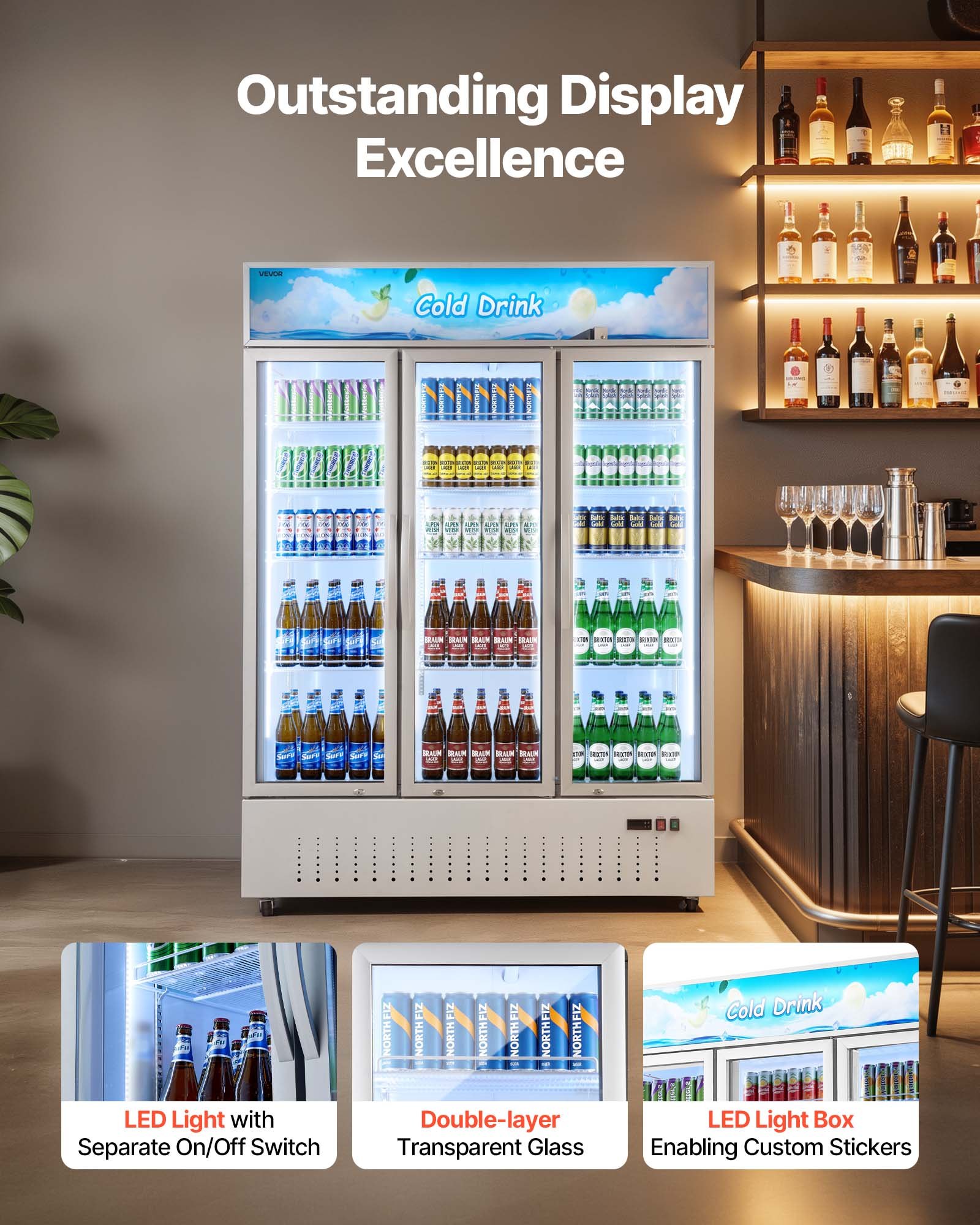 VEVOR Commercial Merchandiser Refrigerator, 36.4 Cu.Ft / 1030L Upright Beverage Cooler, 3 Glass Door Display Refrigerator with Customizable Lightbox, 12 Adjustable Shelves, Soft LED Lighting & Casters