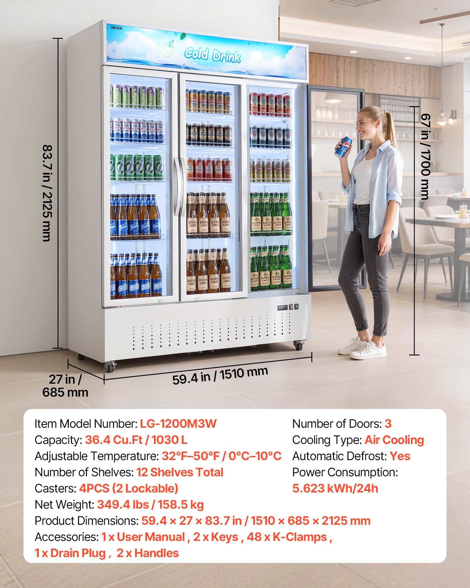 VEVOR Commercial Merchandiser Refrigerator, 36.4 Cu.Ft / 1030L Upright Beverage Cooler, 3 Glass Door Display Refrigerator with Customizable Lightbox, 12 Adjustable Shelves, Soft LED Lighting & Casters