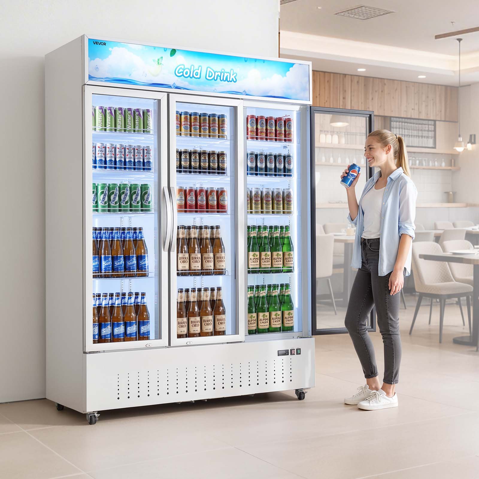 VEVOR Commercial Merchandiser Refrigerator, 36.4 Cu.Ft / 1030L Upright Beverage Cooler, 3 Glass Door Display Refrigerator with Customizable Lightbox, 12 Adjustable Shelves, Soft LED Lighting & Casters