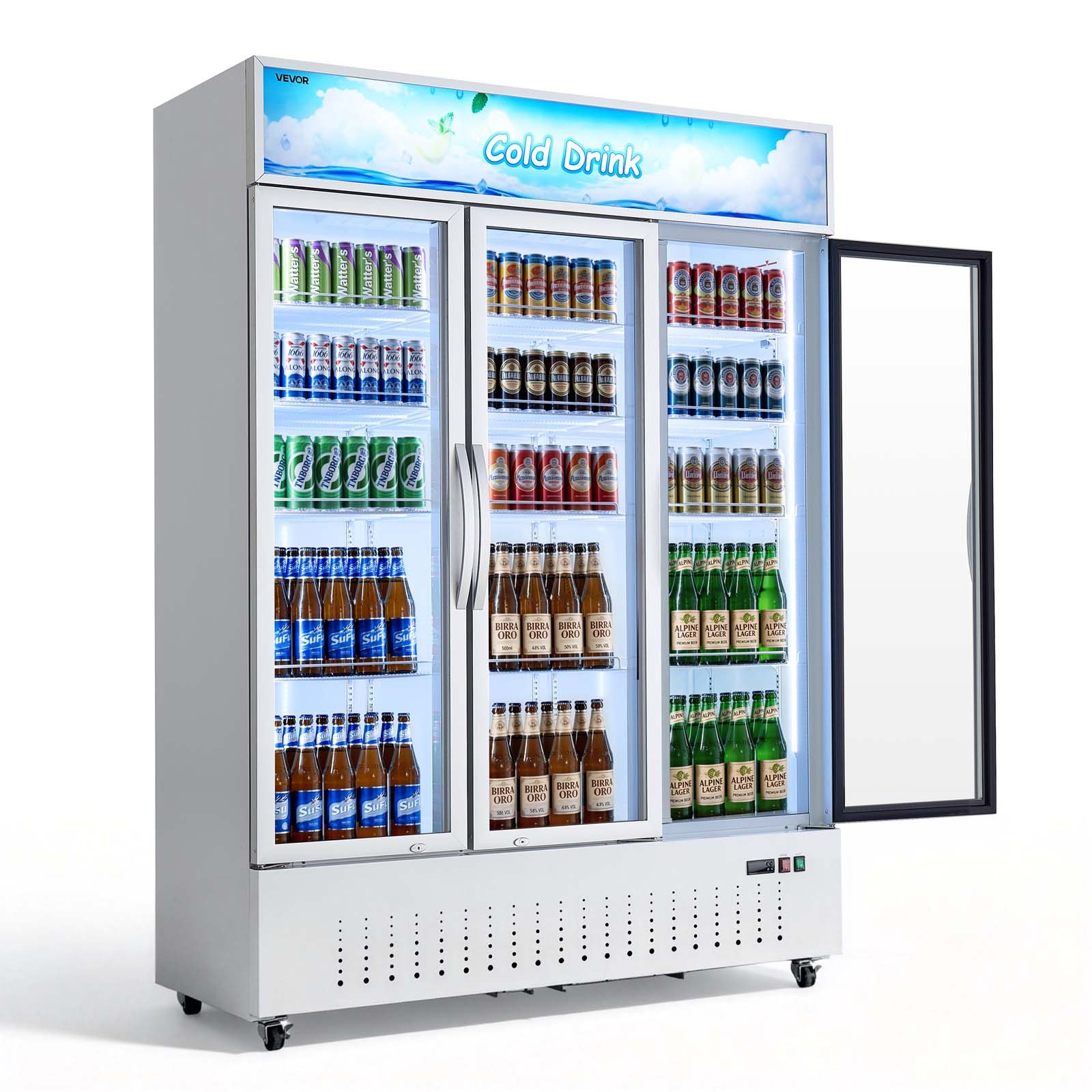 VEVOR Commercial Merchandiser Refrigerator, 36.4 Cu.Ft / 1030L Upright Beverage Cooler, 3 Glass Door Display Refrigerator with Customizable Lightbox, 12 Adjustable Shelves, Soft LED Lighting & Casters