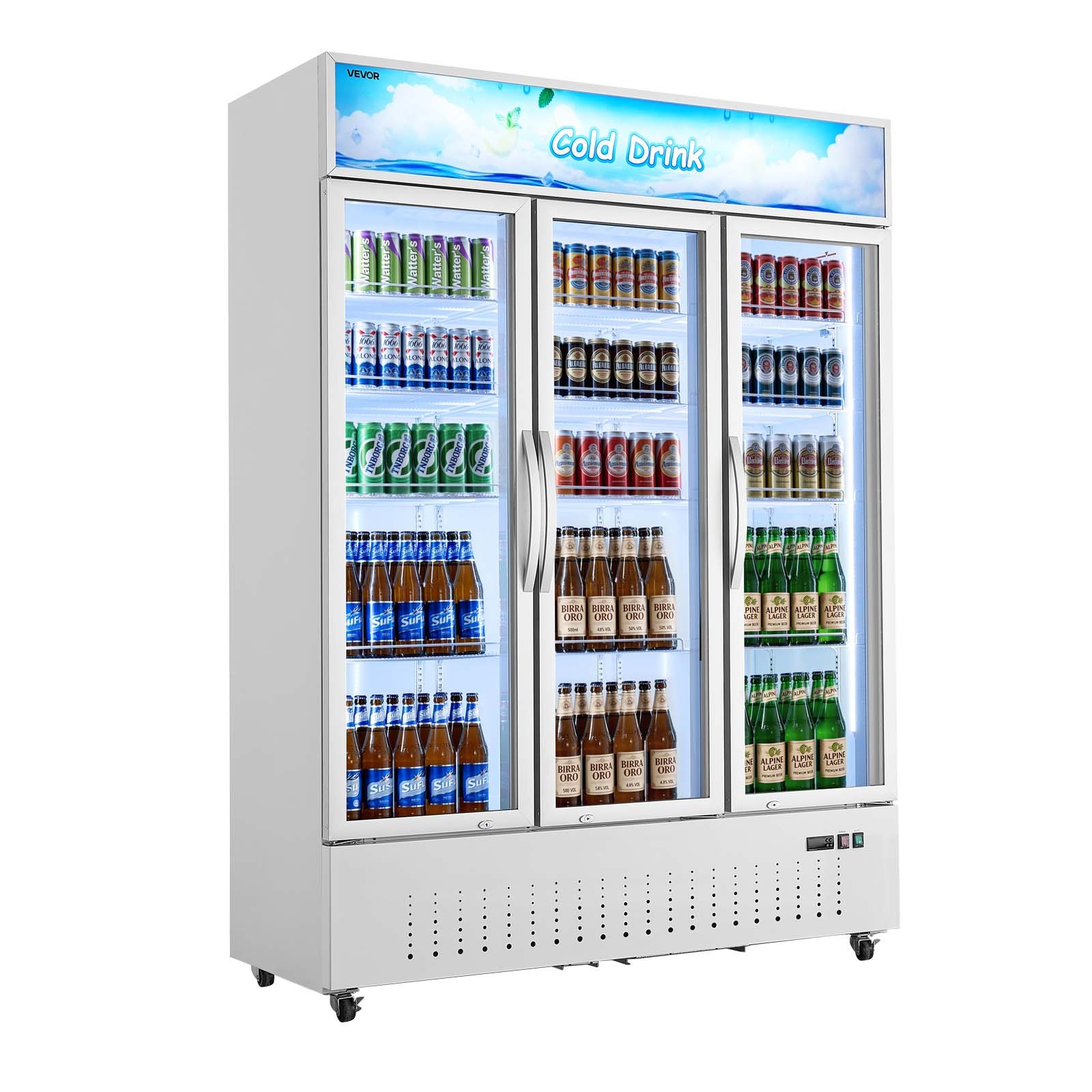 VEVOR Commercial Merchandiser Refrigerator, 36.4 Cu.Ft / 1030L Upright Beverage Cooler, 3 Glass Door Display Refrigerator with Customizable Lightbox, 12 Adjustable Shelves, Soft LED Lighting & Casters