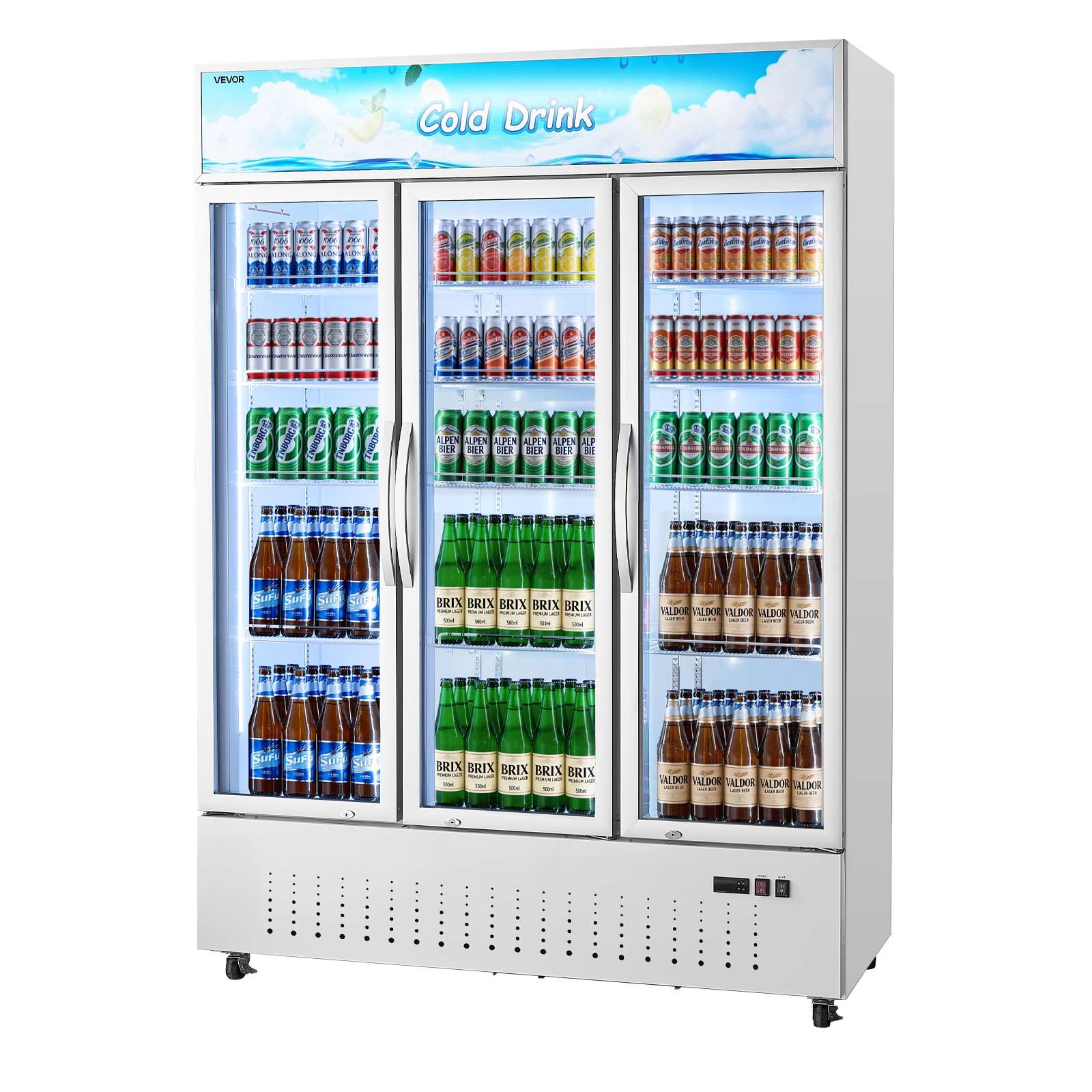 VEVOR Commercial Merchandiser Refrigerator, 36.4 Cu.Ft / 1030L Upright Beverage Cooler, 3 Glass Door Display Refrigerator with Customizable Lightbox, 12 Adjustable Shelves, Soft LED Lighting & Casters