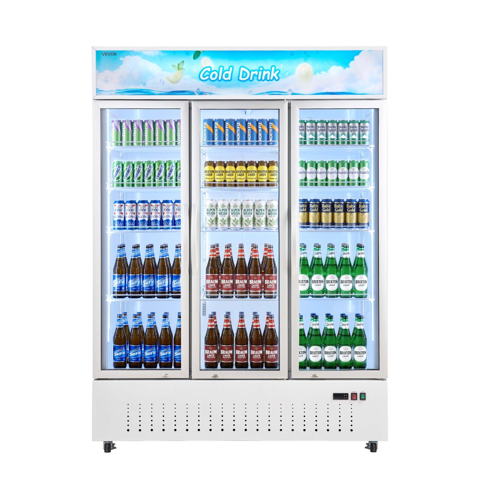 VEVOR Commercial Merchandiser Refrigerator, 36.4 Cu.Ft / 1030L Upright Beverage Cooler, 3 Glass Door Display Refrigerator with Customizable Lightbox, 12 Adjustable Shelves, Soft LED Lighting & Casters