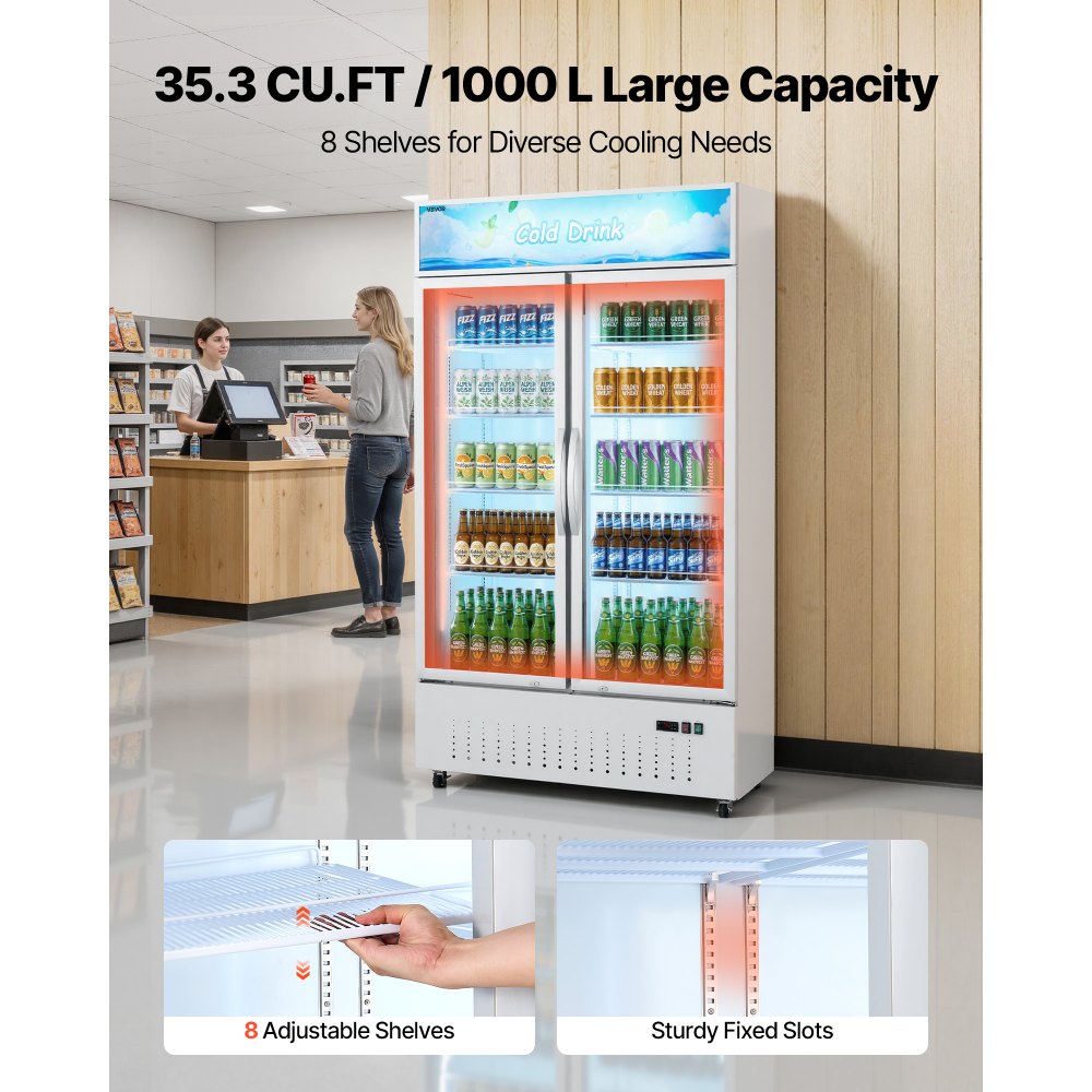 VEVOR Commercial Merchandiser Refrigerator, 35.3 Cu.Ft / 1000L Upright Beverage Cooler, 2 Glass Door Display Refrigerator with Customizable Lightbox, 8 Adjustable Shelves, Soft LED Lighting & Casters