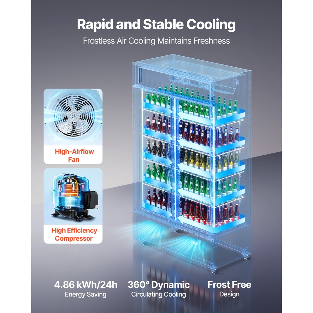 VEVOR Commercial Merchandiser Refrigerator, 35.3 Cu.Ft / 1000L Upright Beverage Cooler, 2 Glass Door Display Refrigerator with Customizable Lightbox, 8 Adjustable Shelves, Soft LED Lighting & Casters
