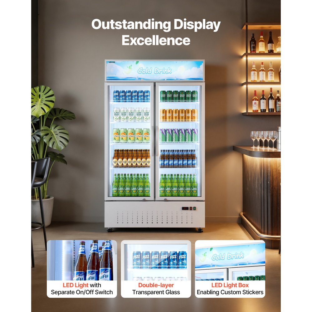 VEVOR Commercial Merchandiser Refrigerator, 35.3 Cu.Ft / 1000L Upright Beverage Cooler, 2 Glass Door Display Refrigerator with Customizable Lightbox, 8 Adjustable Shelves, Soft LED Lighting & Casters