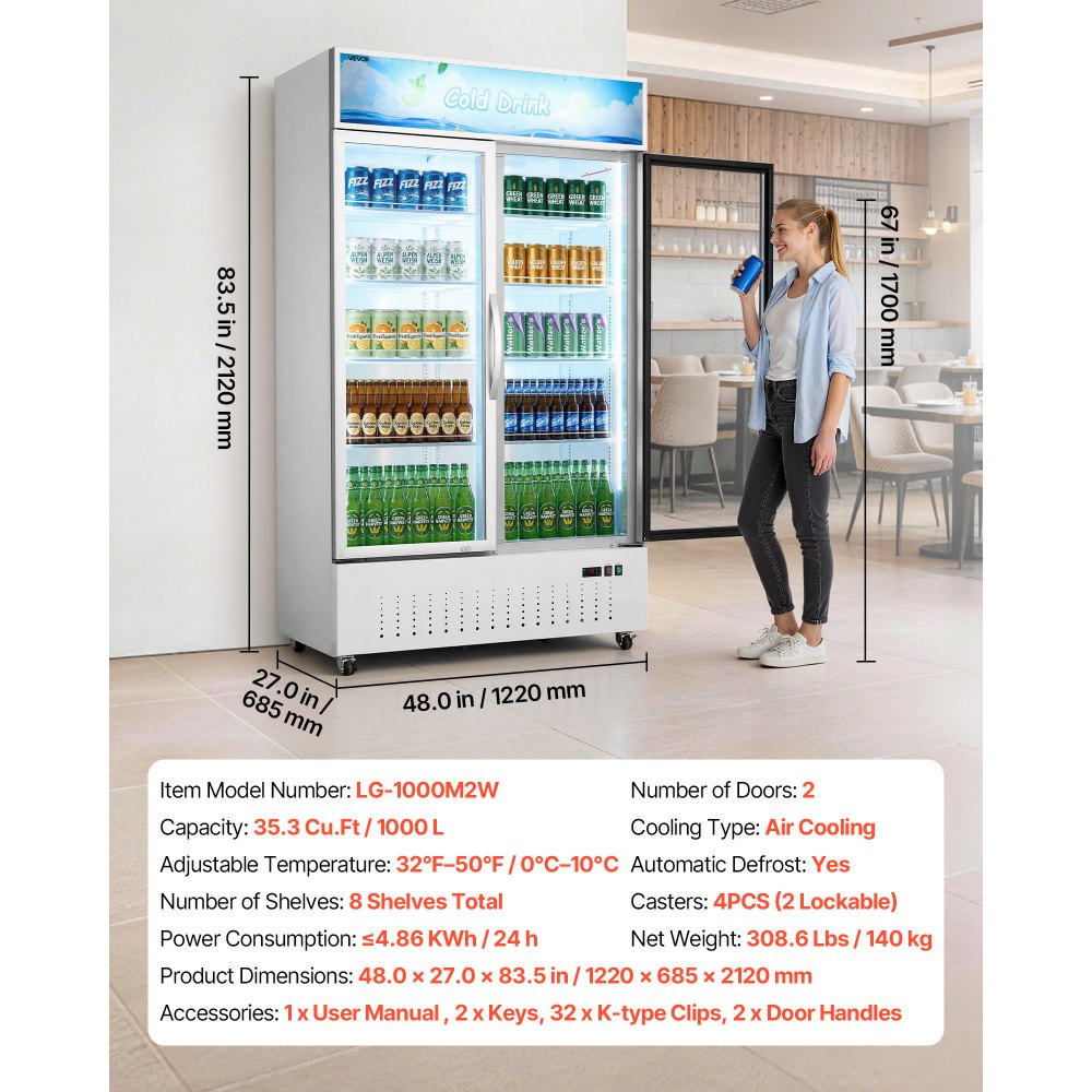VEVOR Commercial Merchandiser Refrigerator, 35.3 Cu.Ft / 1000L Upright Beverage Cooler, 2 Glass Door Display Refrigerator with Customizable Lightbox, 8 Adjustable Shelves, Soft LED Lighting & Casters