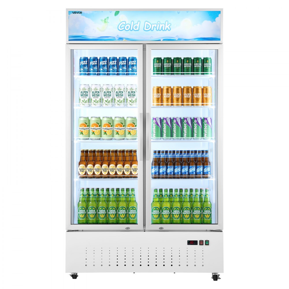 VEVOR Commercial Merchandiser Refrigerator, 35.3 Cu.Ft / 1000L Upright Beverage Cooler, 2 Glass Door Display Refrigerator with Customizable Lightbox, 8 Adjustable Shelves, Soft LED Lighting & Casters