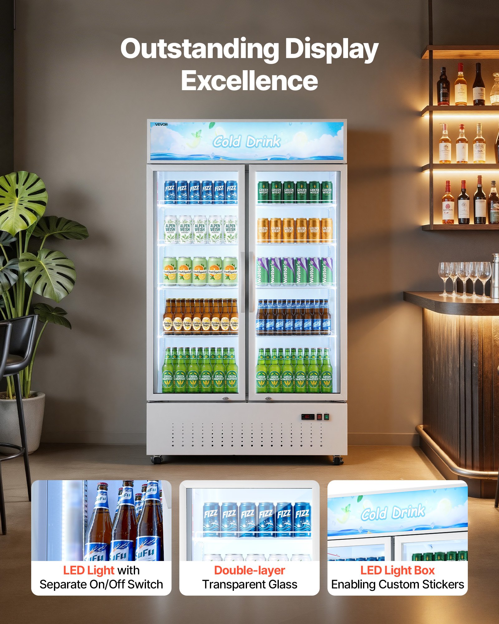 VEVOR Commercial Merchandiser Refrigerator, 35.3 Cu.Ft / 1000L Upright Beverage Cooler, 2 Glass Door Display Refrigerator with Customizable Lightbox, 8 Adjustable Shelves, Soft LED Lighting & Casters