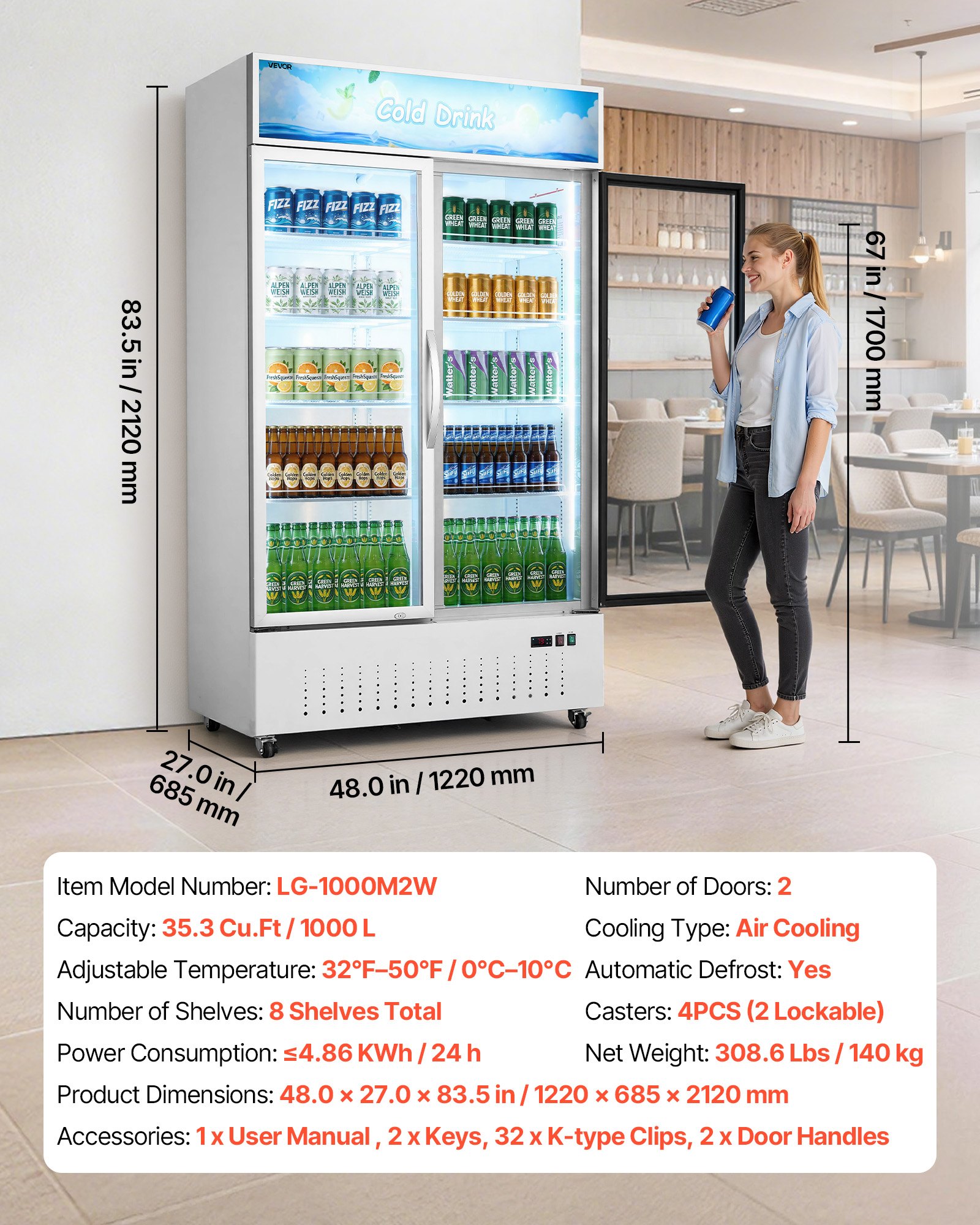 VEVOR Commercial Merchandiser Refrigerator, 35.3 Cu.Ft / 1000L Upright Beverage Cooler, 2 Glass Door Display Refrigerator with Customizable Lightbox, 8 Adjustable Shelves, Soft LED Lighting & Casters